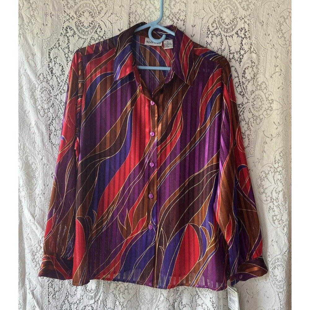 Apparenza‎ Sheer Striped Blouse Petite Purple Red Gold Metallic Womens